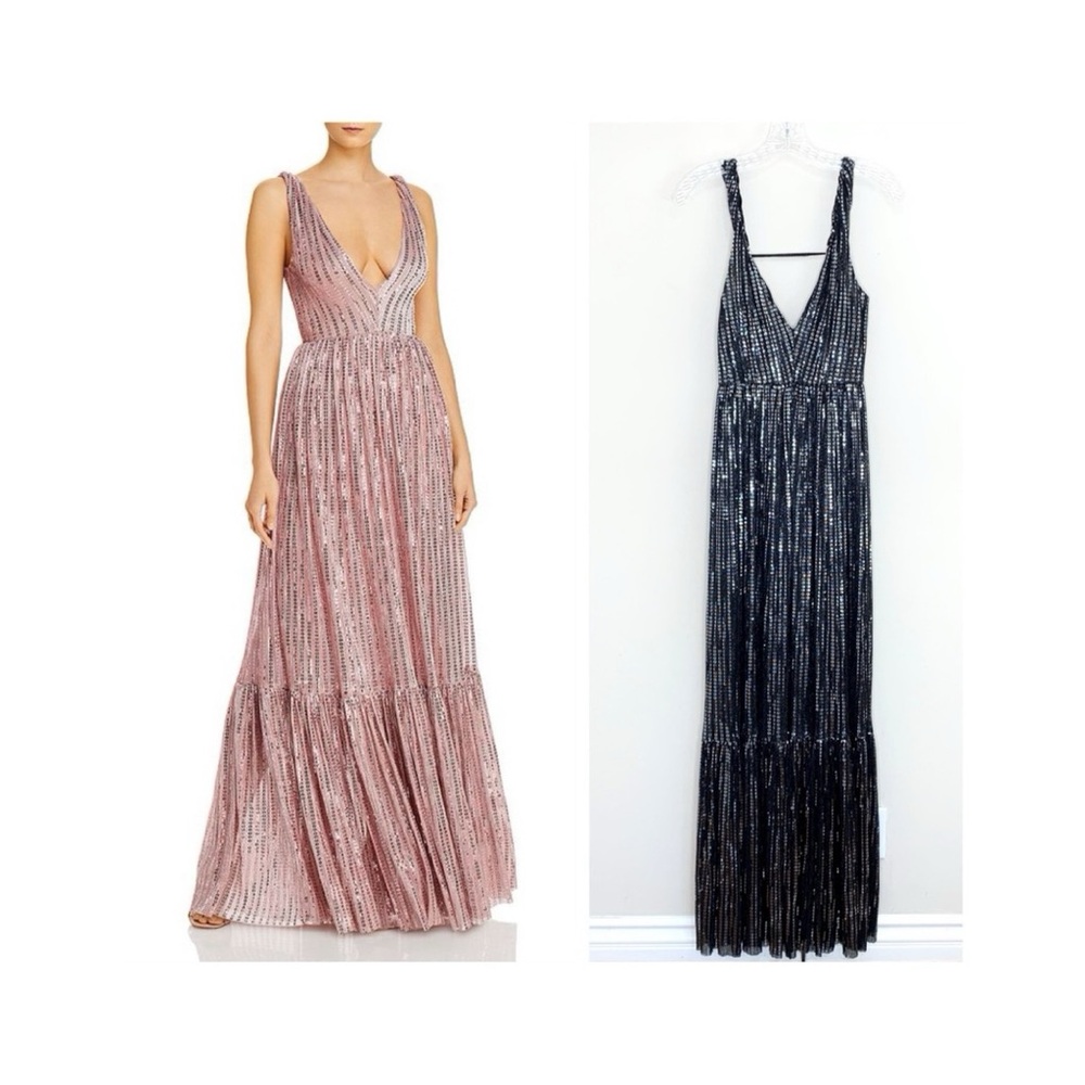 Sabina Musayev Dominique Gown (Sz M) Twisted Straps Black Sequin Tulle Mesh Maxi